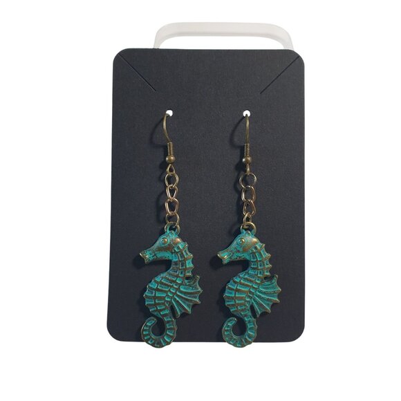 Vintage Seahorse Boho Dangle Earrings Handmade Brass Hook Chain Aqua Finish Gift - Picture 1 of 4